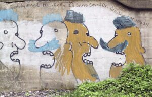 grey and blue black hair and mustsches two heads painted golden brown line drawing of three heads with open mouths big nose