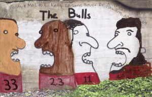 divers colors added to faces, football numbers and text the bulls added to line drawing of three heads with open mouths big nose