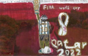 statue of liberty reconfigured as soccer player with text FIFA world cup qatar 2022 added on replica Statue of Liberty positioned on Erie Canal Lock background
