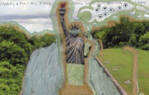 statue outlined in ggols water in lock green horizon outlined added on replica Statue of Liberty positioned on Erie Canal Lock background
