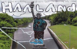 haaland and basketball shoes and clothing added on replica Statue of Liberty positioned on Erie Canal Lock background
