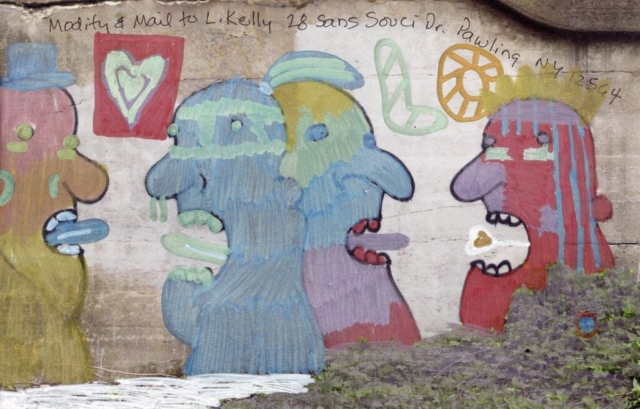 heads colored in in pastel colors added to line drawings of four heads with open mouths and big noses on cement bridge under RR track