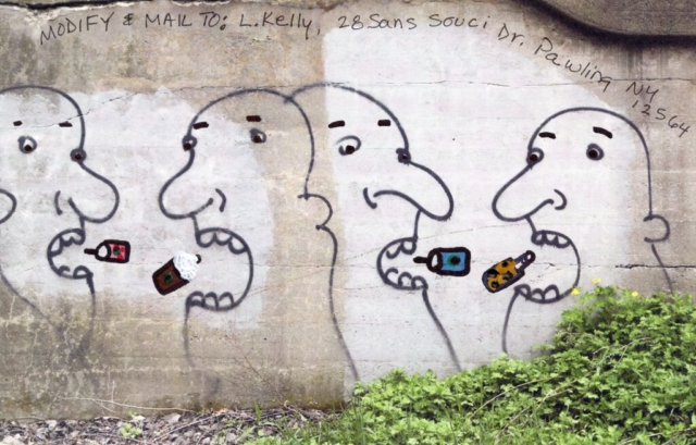 drinks and bottles entering mouths expressive eyebrows added to line drawings of four heads with open mouths and big noses on cement bridge under RR track