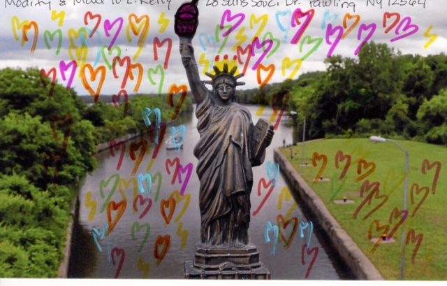 dozens fo colorful hearts added to postcard with replica statue of liberty with Erie Canal lock in background