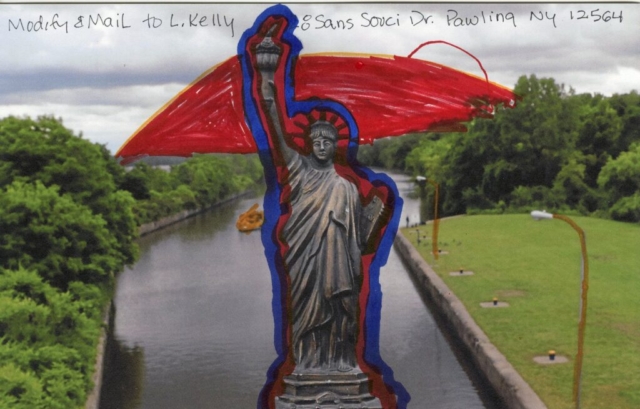 outline of blue and red and a red sun rising added to postcard with replica statue of liberty with Erie Canal lock in background
