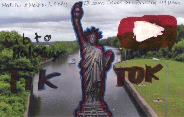 words sub to halo guy and tik Tok added to postcard with replica statue of liberty with Erie Canal lock in background