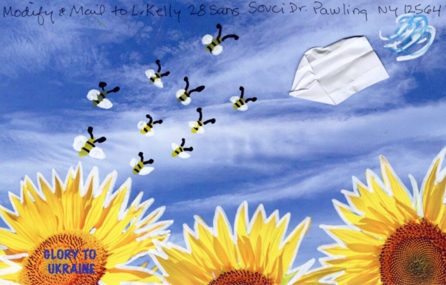 ten bees and a paper airplane added to postcard with text Glory to Ukraine blue sky yellow sunflowers