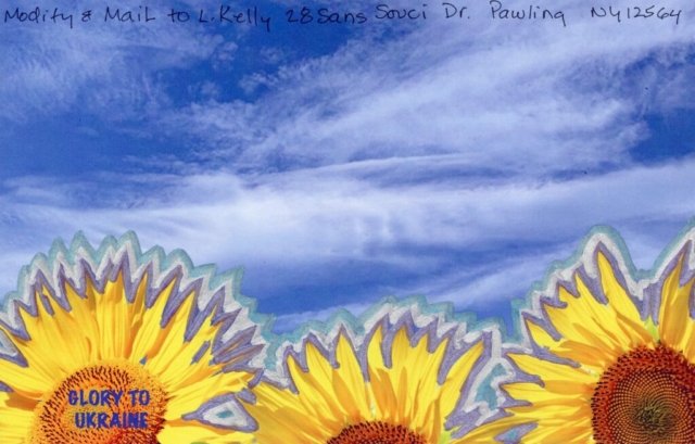 outlines of petals added to postcard with text Glory to Ukraine blue sky yellow sunflowers