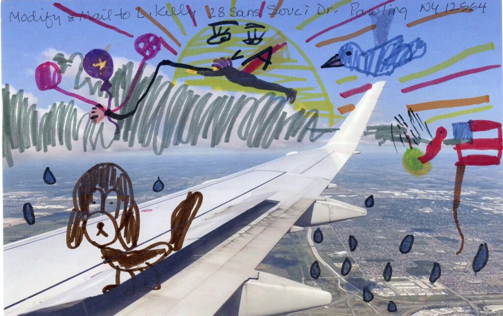 sun with open eyes shines behind flying woman who holds string with balloons, dog on wing, blue bird flies