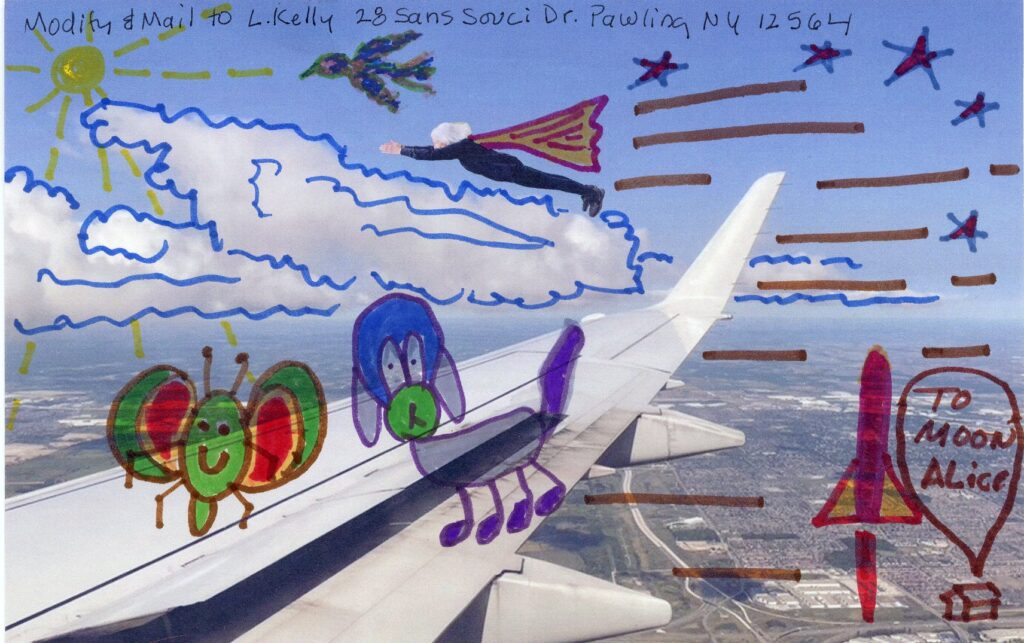 bright colored dog and bug with wings sit on plane wing woman wearing cape flys by