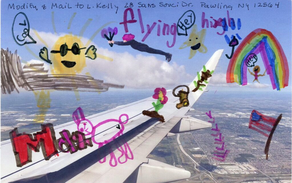 bright and colorful drawing added to woman wiht purple hair flying alongside plane