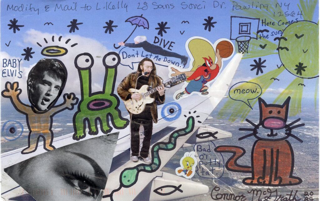 rock and roll John Lennon playing guitar standing on plane wing, woman holding umbrella flys