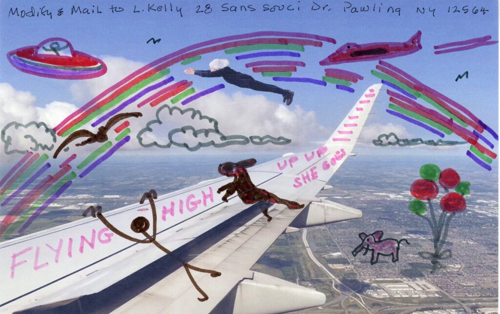 woman flies through colorful rainbow words on plane wing flying high up up she goes