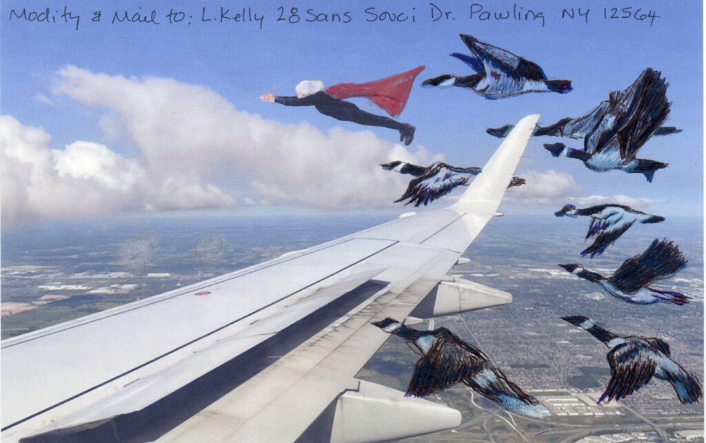 woman in red cape flying over plane wing accompanied by geese