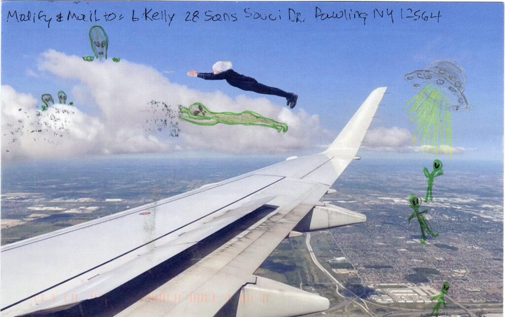 green aliens and flying saucer fly with woman 