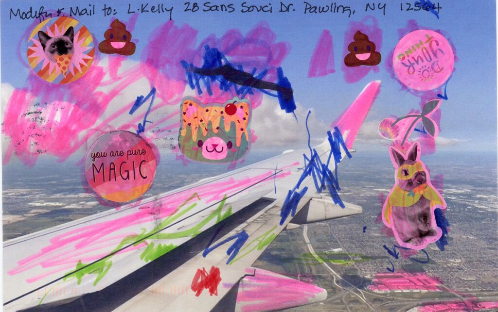 childrens stickers and pink marker  enthusiastically added to image of woman flying near wing of plane
