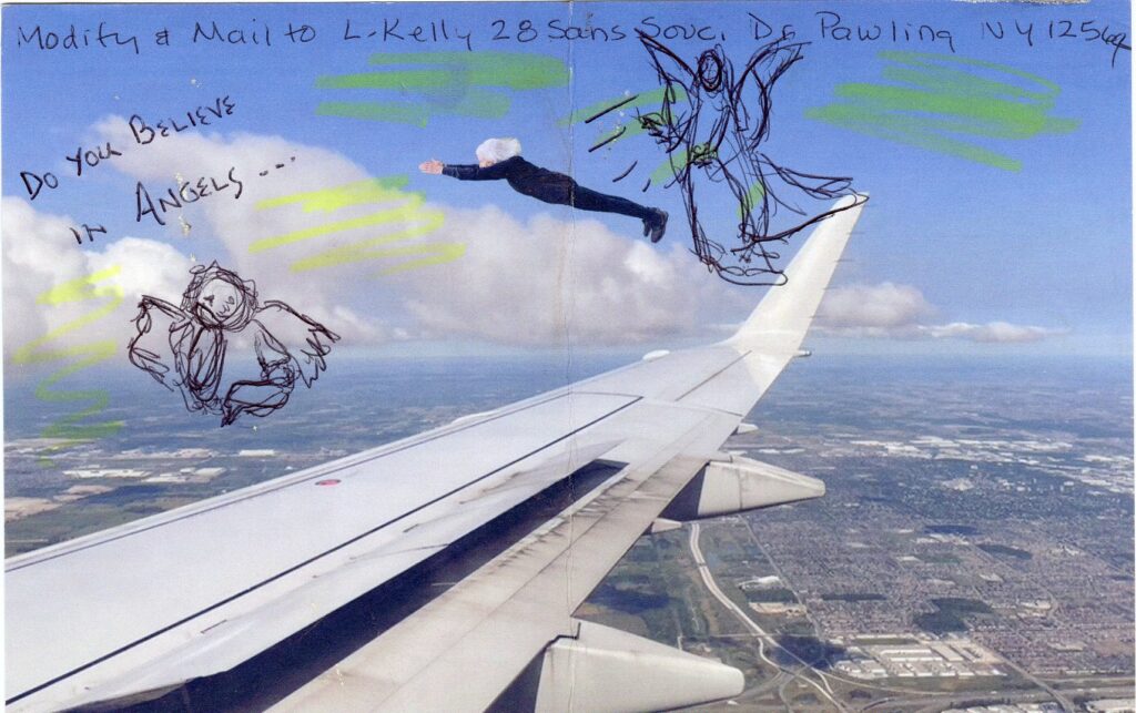 woman flying near plan accompanied by angels text asks do you believe in angels?