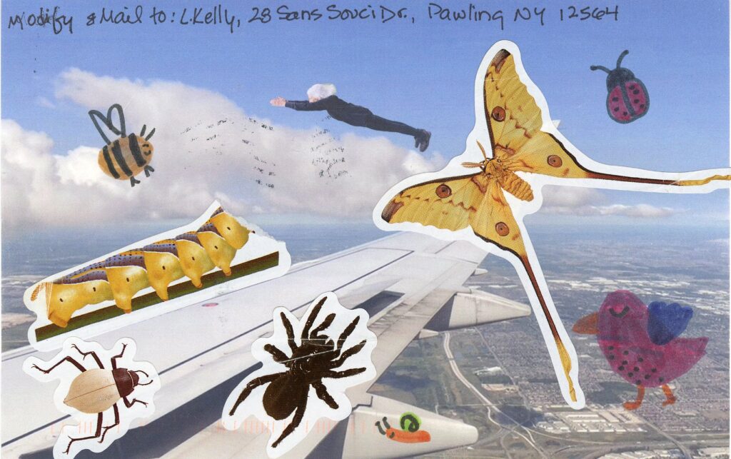 stickers of things that fly and crawl added to image of woman glying including butterfly, lady bug, spider