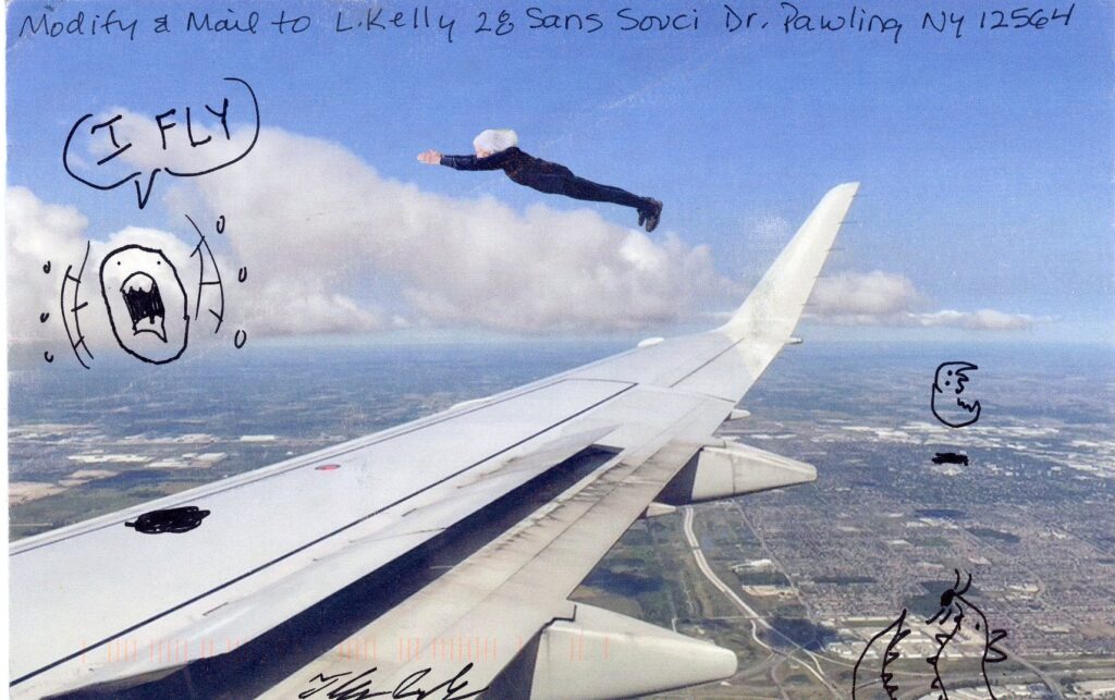 face with mouth wide open yelling I fly as woman flies over plane wing