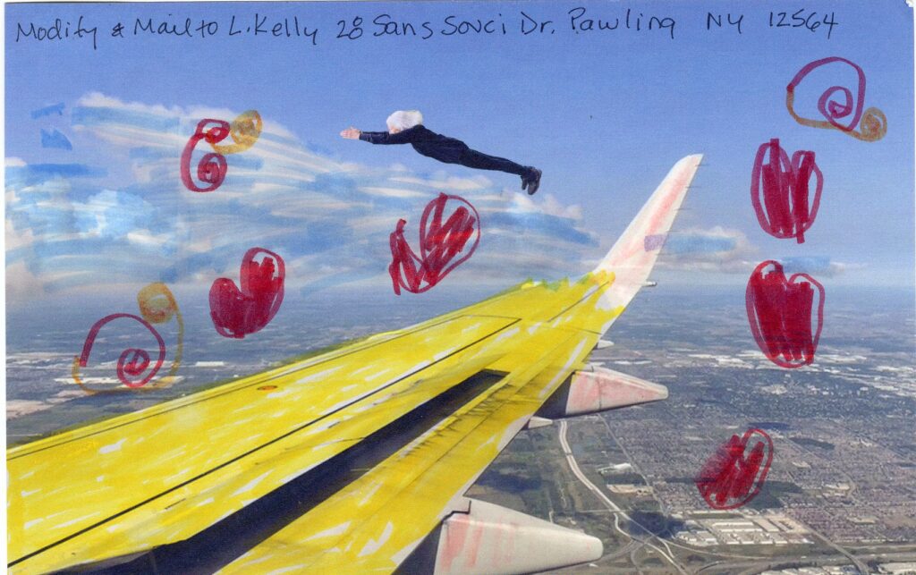 plane wing colored yellow and red orbs accompany flying woman