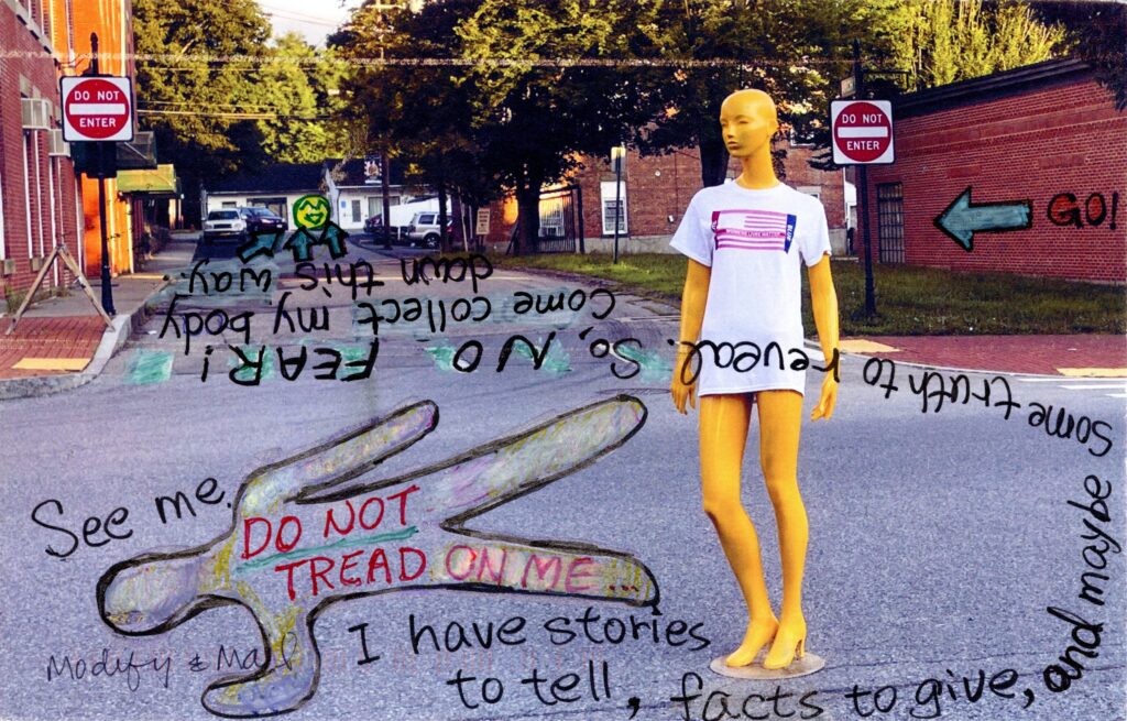 Mannequin looking at outline of dead body in road