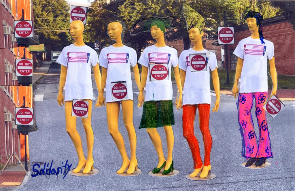 Five Mannequin in road each dressed differentl witt road sign do not enter on different areas of body