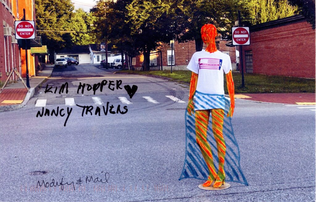 Mannequinin road painted head red and long stripped blue skirk