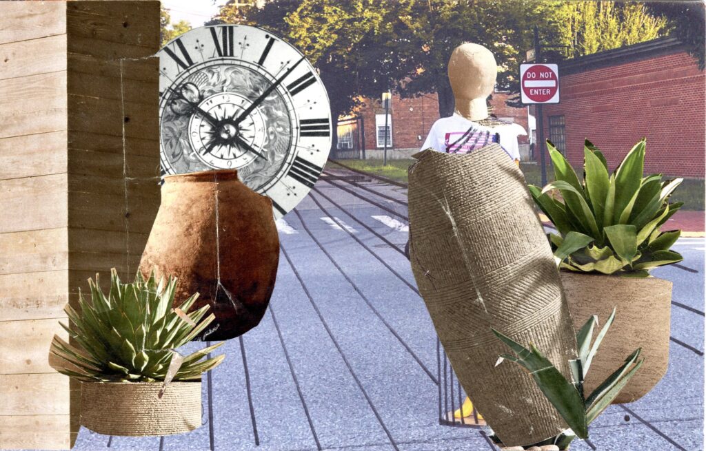 Mannequin in road clock with roman numerals added and large pots with cactus